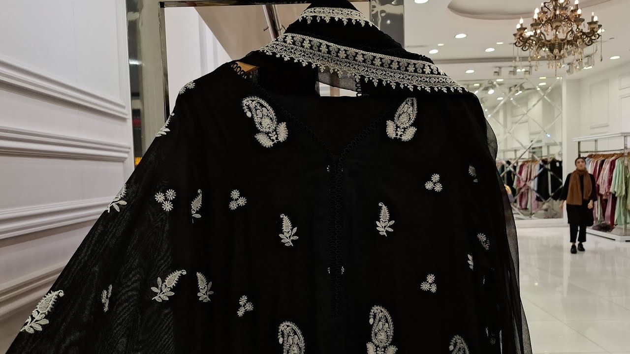 agha noor black dress AGHA NOOR Pure Black Organza Sheer Tunic Beaded Sequin Embroidered Dress  Size S