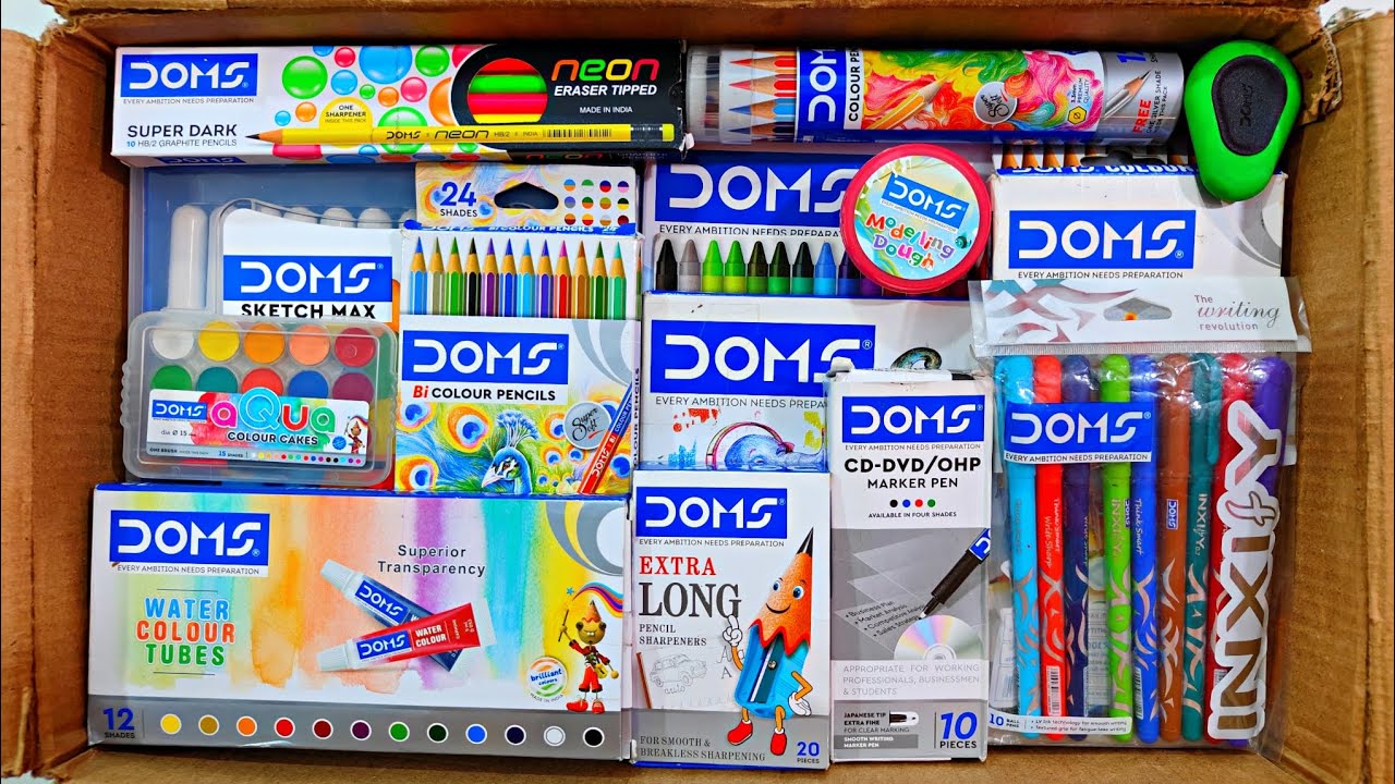 Unboxing New DOMS Stationery Items, Sketch Max, Colour Tubes, Floting Marker, Eraser, Pencil, Pen