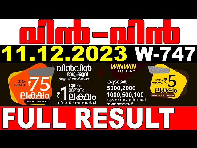 Kerala Lottery Result Today (11-12-2023) LIVE: Win Win W.747 Lucky