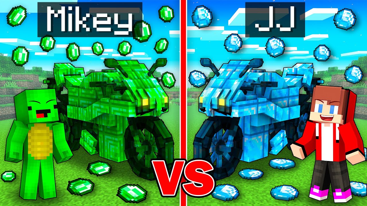 Mikey EMERALD vs JJ DIAMOND Motorcycle Survival Battle in Minecraft - Maizen