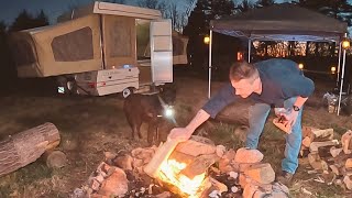 39yr old Popup Camper  with my Dog  Woodstove Cooking