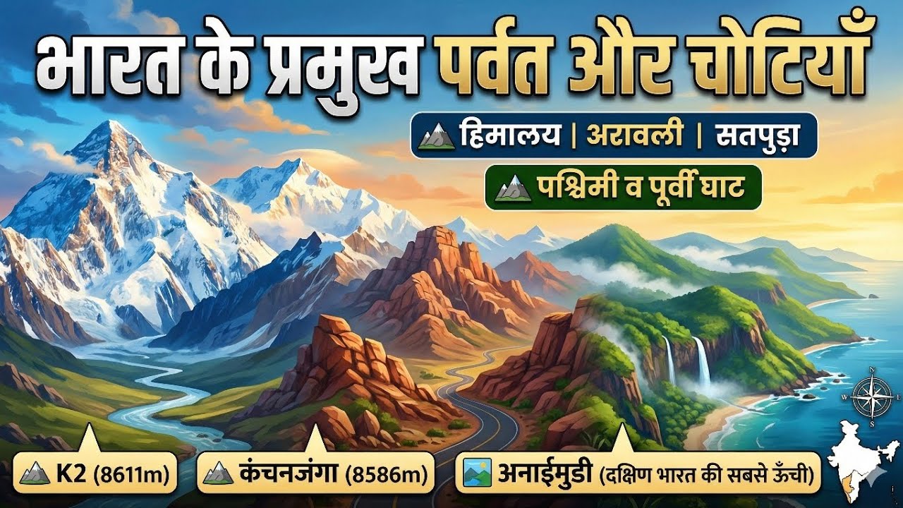 🏔️ भारत के प्रमुख पर्वत और चोटियाँ | Mountains of India (Himalayas, Ghats, Aravalli) 