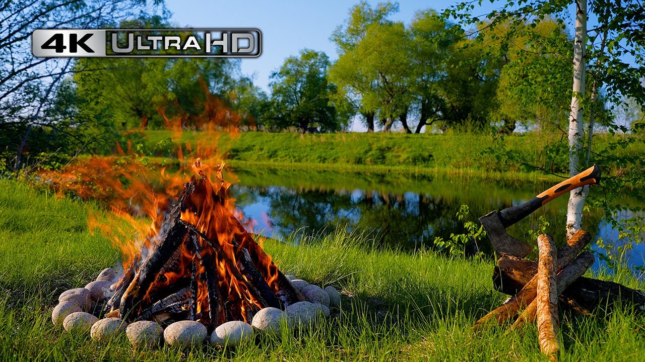 4K 📺 Костер у озера 🔥 Успокаивающие звуки природы 🌳💤🎶