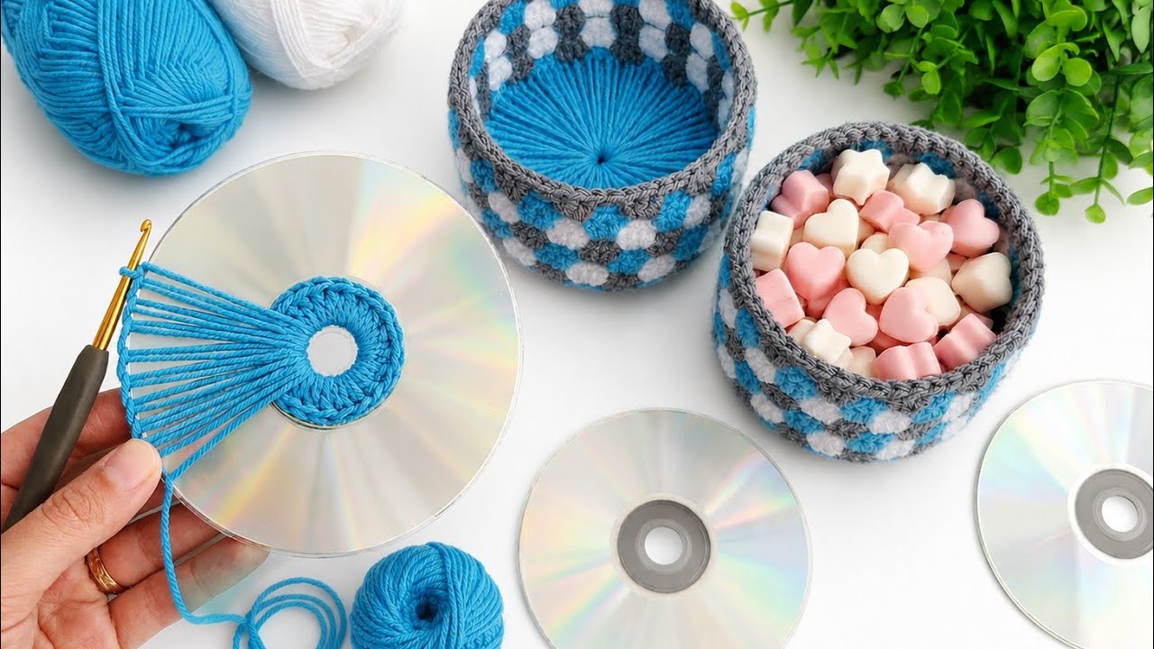 ✨ From Trash to Treasure! Easy Crochet CD Basket Tutorial