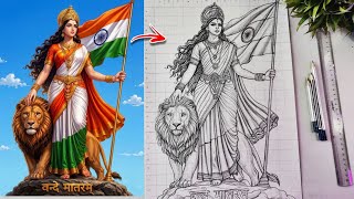 Independence Day Drawing 🇮🇳✍️, Bharat Mata Drawing With Indian Flag & Lion🦁, Step By Step