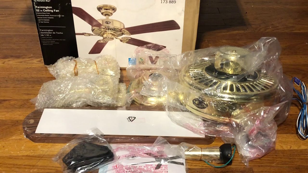 UNBOXING Hampton Bay Farmington Ceiling Fan 52” (Polished Brass)(NIB