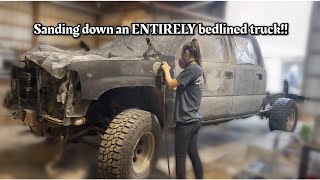 Sanding down an ENTIRELY bedlined truck!!!