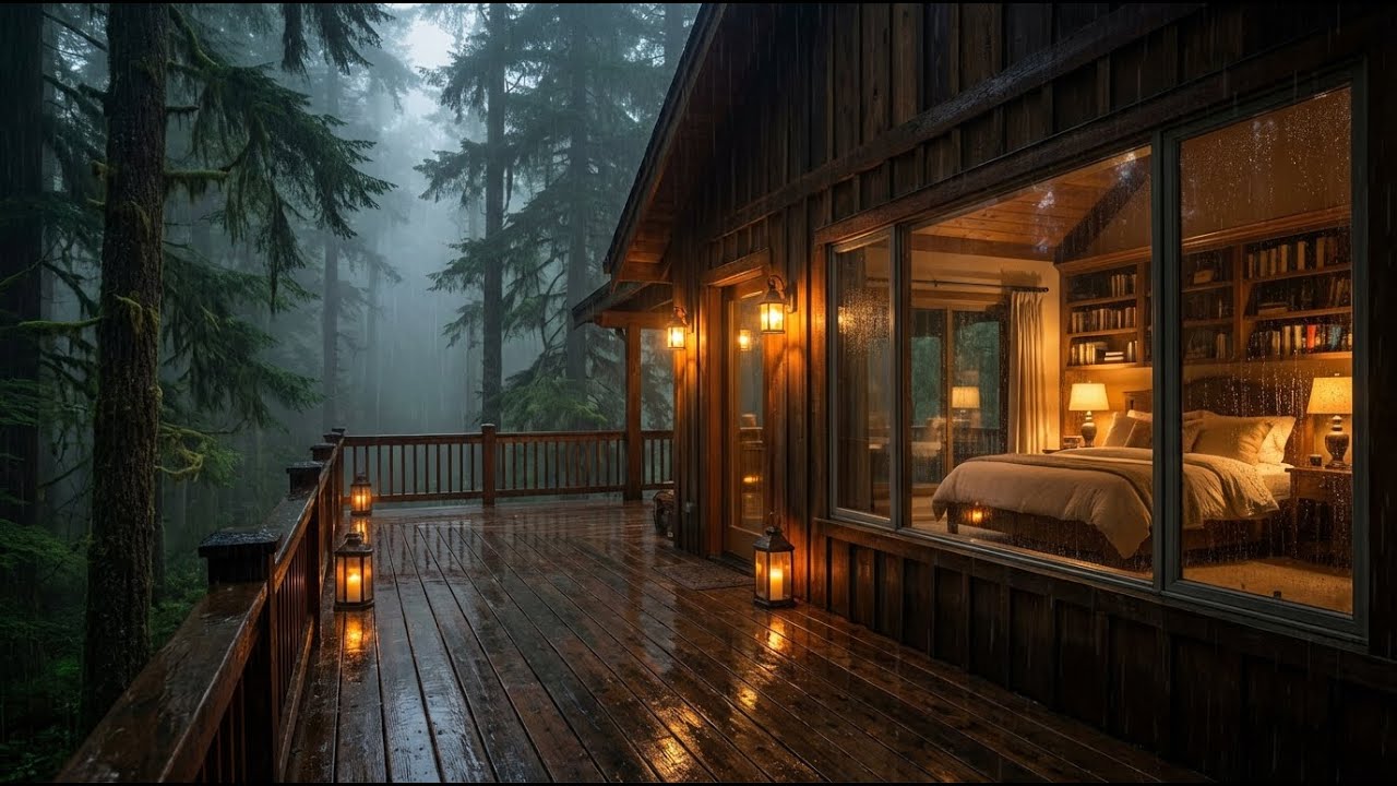 Quiet Soul Rain Sounds & Piano at Glowing Cabin Window for Instant Stress Relief 🏡✨