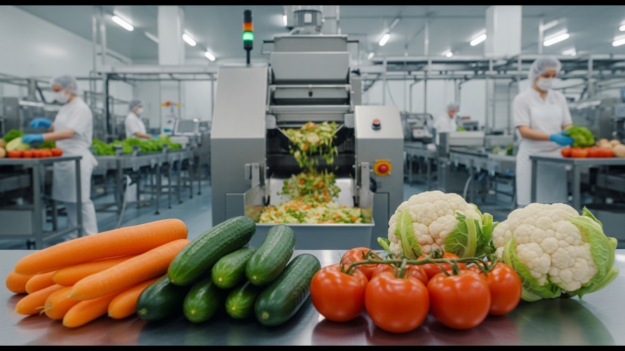 Modern American Salad Factory From Freshly Hand-Torn Cucumbers Cauliflower Carots Tomatoes to Packed