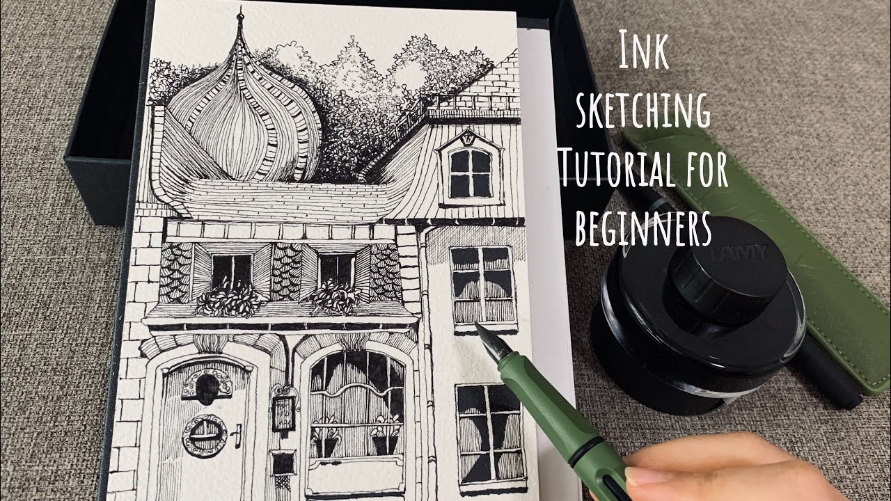 Ink sketching of building and illustration line work with Lamy