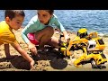 Playing with construction truck toys at the beach  toy trucks for kids  jackjackplays