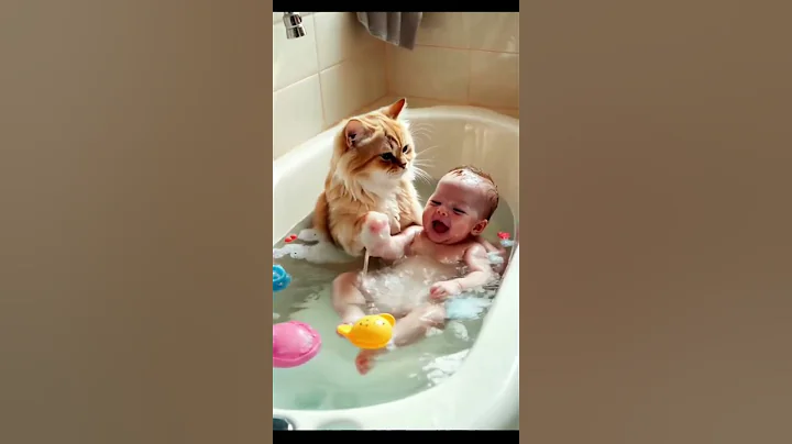 Video 8406011: cat baths baby funny, cute cat baby bathing, adorable bath, little bath, curious kitty