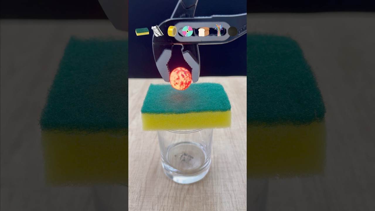 1000℃  Hot Metal Ball VS Sponge+Tin Foil+Tape+CD+Bread+Straw+Matte Paper.