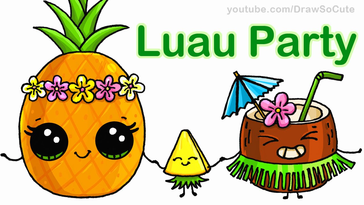 How to Draw Cartoon Pineapple and Coconut Cute step by step Luau ...