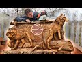 AMAZING CHAINSAW wood carving, WOLVES bas-relief
