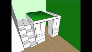 Construction of full size loft bed with stairs and lots of storage. - Closet under the bed. - Cabinets with shelves and drawers.