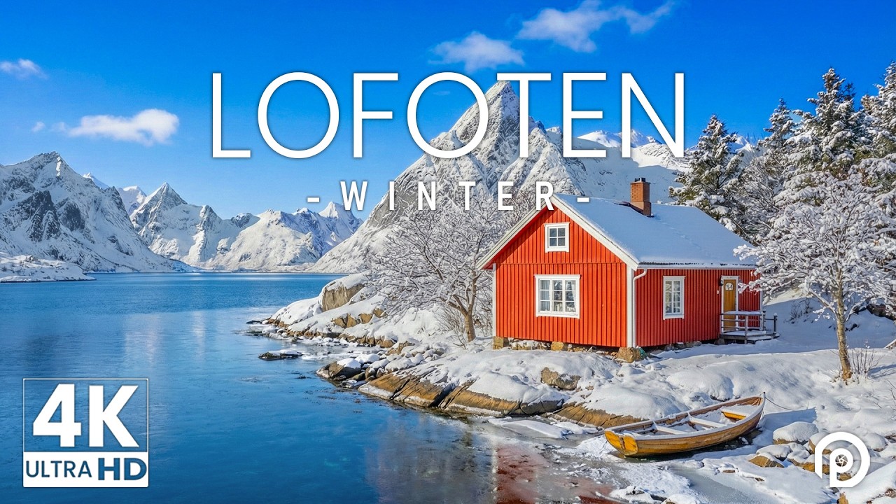 Lofoten Winter 4K – Arctic Fjords, Snowy Peaks & Red Fishing Cabins Under Northern Skies