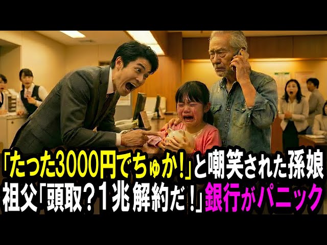 静かな午後、銀行の窓口に小さな貯金箱を抱えた孫娘が立っていた。おばあちゃんの病気を治すために貯めた三千円。しかし、エリート銀行員は孫を見下し、「ここは子供の遊び場じゃないんでちゅよ」「おじいちゃん失格ですよ」と嘲笑した。悔しさに震える手で、私は携帯を取り出し、たった一言だけ口にした。 「一兆円、解約だ」...