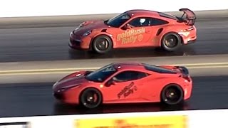 Heads up race between the track oriented porsche gt3 rs and ferrari
458 at goldrush rally with spinning badly start.