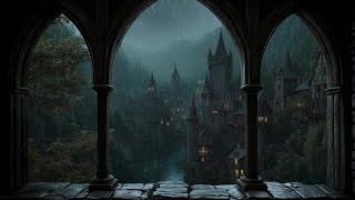 Rain Sounds and Thunder from Medieval Window with Majestic Castle View for Relaxation