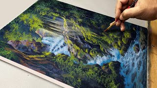 Deep Forest Acrylic Painting | ASMR |Waterfall Satisfying Art