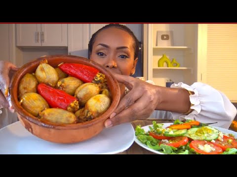 ASMR STUFFED ONIONS TAJIN W LAMB CHOPS اكل طاجن محشي بصل بالريش الضاني 