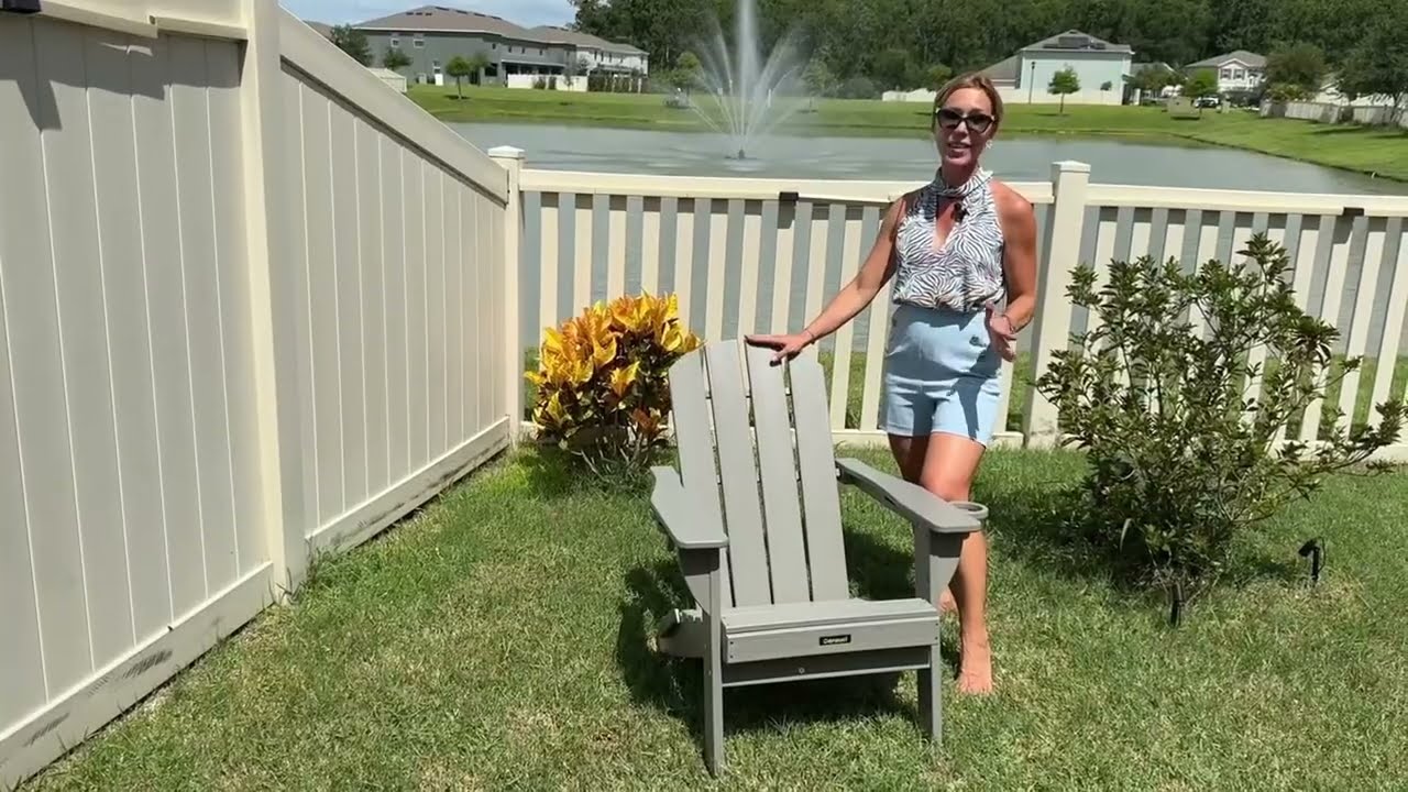 Folding Adirondack Chair, Wooden Textured Plastic with 2 Cup Holder