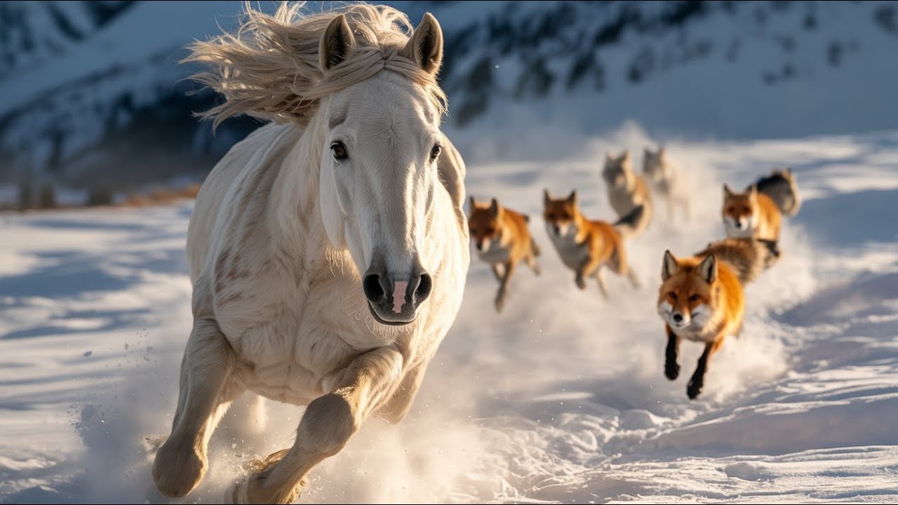 White Wild Horse Chased by Red Fox Pack in Snowy Mountains (4K)