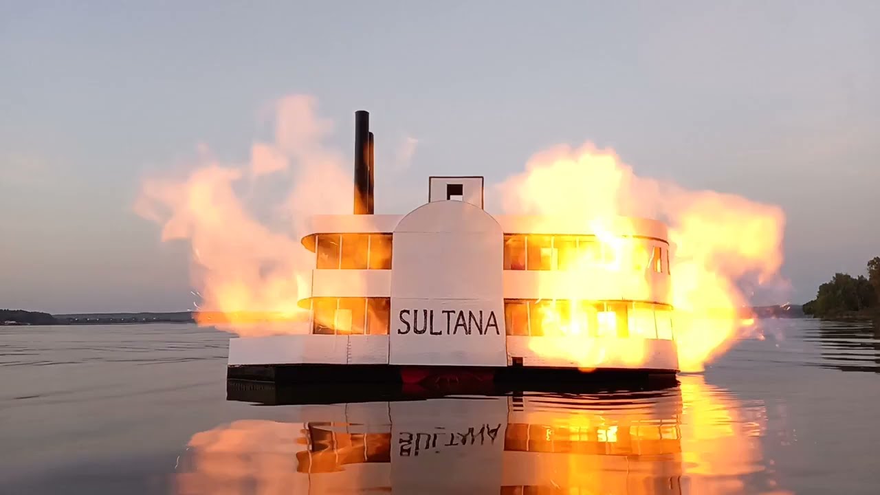 Sultana disaster 1865. Cardboard ship model burning and sinking
