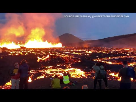 Volcano watchers get close-up view of eruption in Iceland