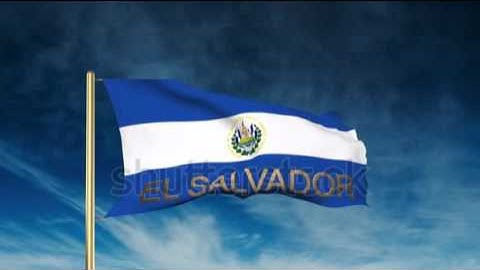 El Salvador flag slider style with title. Waving in the wind with cloud background animation Stock