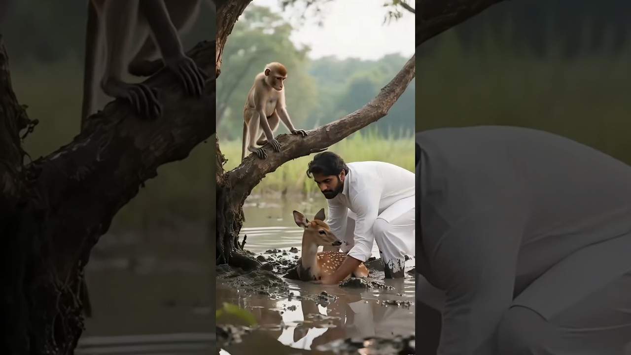 Brave Monkey Saves Baby Deer from Mud | Heart Touching Jungle Story 🐒🦌❤️ 