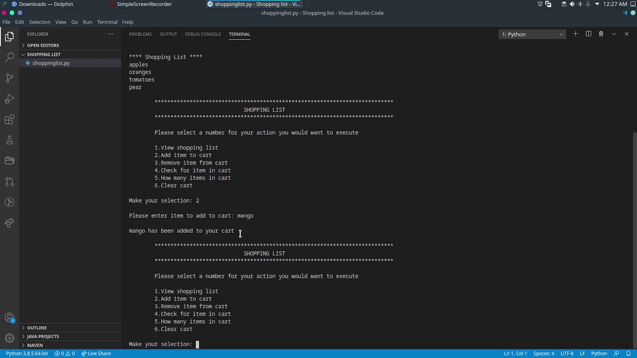 Coding a shopping list command line to run the users input with python ...