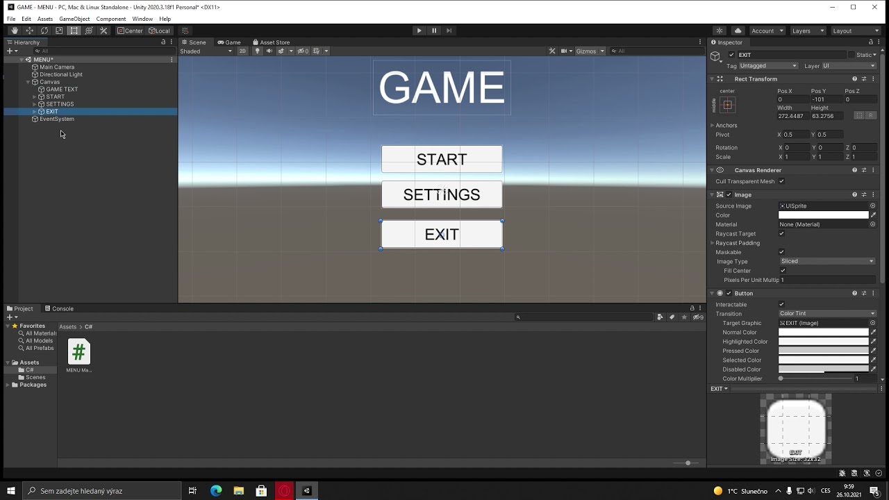 Unity tutorial Základy + vytvoření menu (1/2)