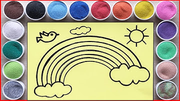 Colored sand painting rainbow in the sky with clouds and bird, sand art (Chim Xinh channel)