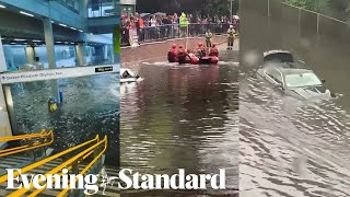 London weather: Streets turn into rivers and Tube station is flooded