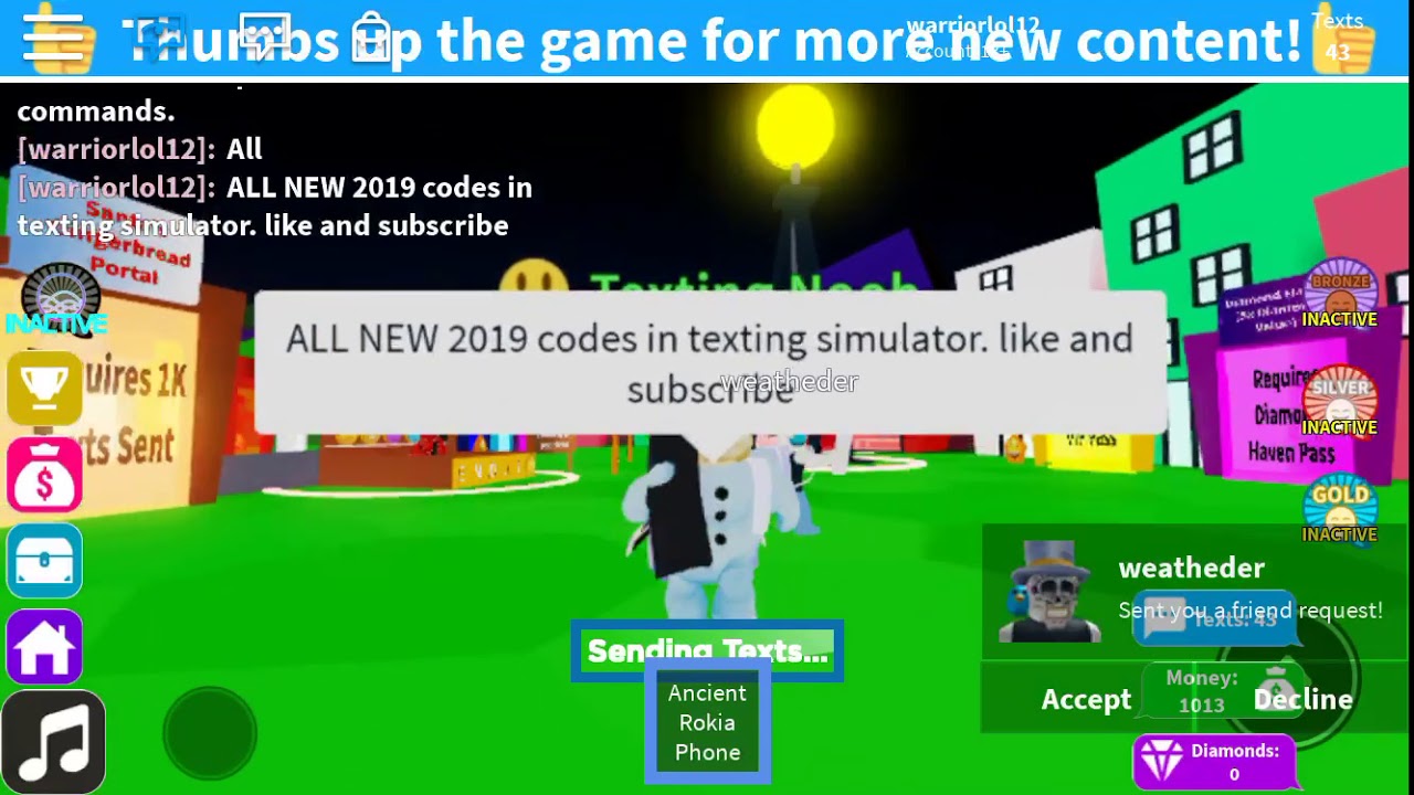 ALL CODES IN TEXTING SIMULATOR Roblox YouTube