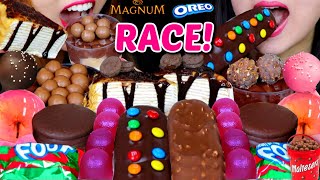 Asmr race! most popular desserts (oreo crepe cake, maltesers
profiteroles, m&m's magnum ice cream bar, ferrero rocher, grape jelly,
gummy candy, cake pops 먹방...