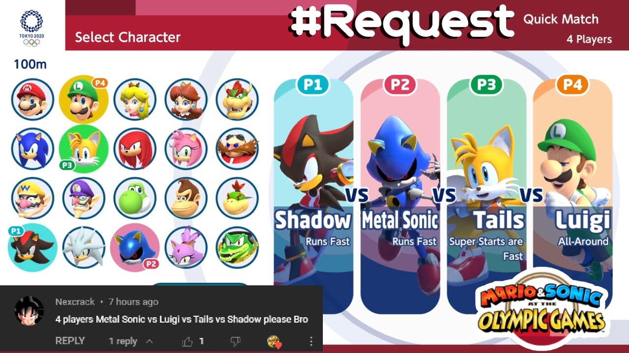Mario & Sonic at Tokyo 2020 : Gameplay (4 Players) Shadow VS Metal Sonic VS Tails VS Luigi