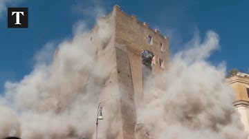 Moment Ancient Roman Tower Collapses Trapping Worker in Italy