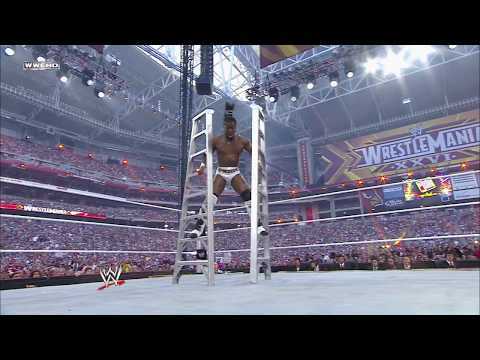 Kofi Kingston uses a broken ladder as stilts in a Money in the Bank Ladder Match: WrestleMania 26