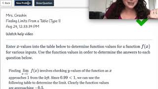 Calc 1.1 Delta Math Examples - Finding Limits from Tables