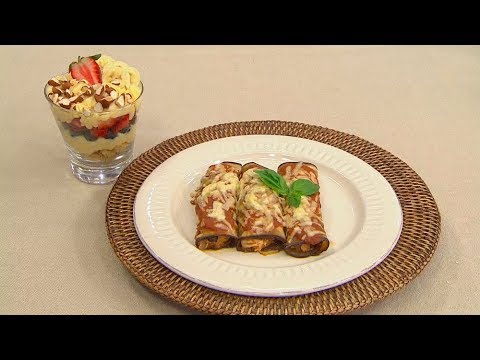 Canelones de berenjena y pollo/Trifle de crema y frutas