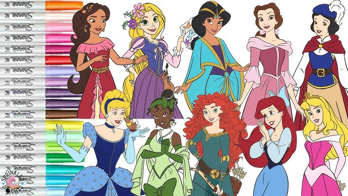 Disney Princess Coloring Book Compilation Official Princesses Tiana Mulan  Ariel Aurora Jasmine Belle 