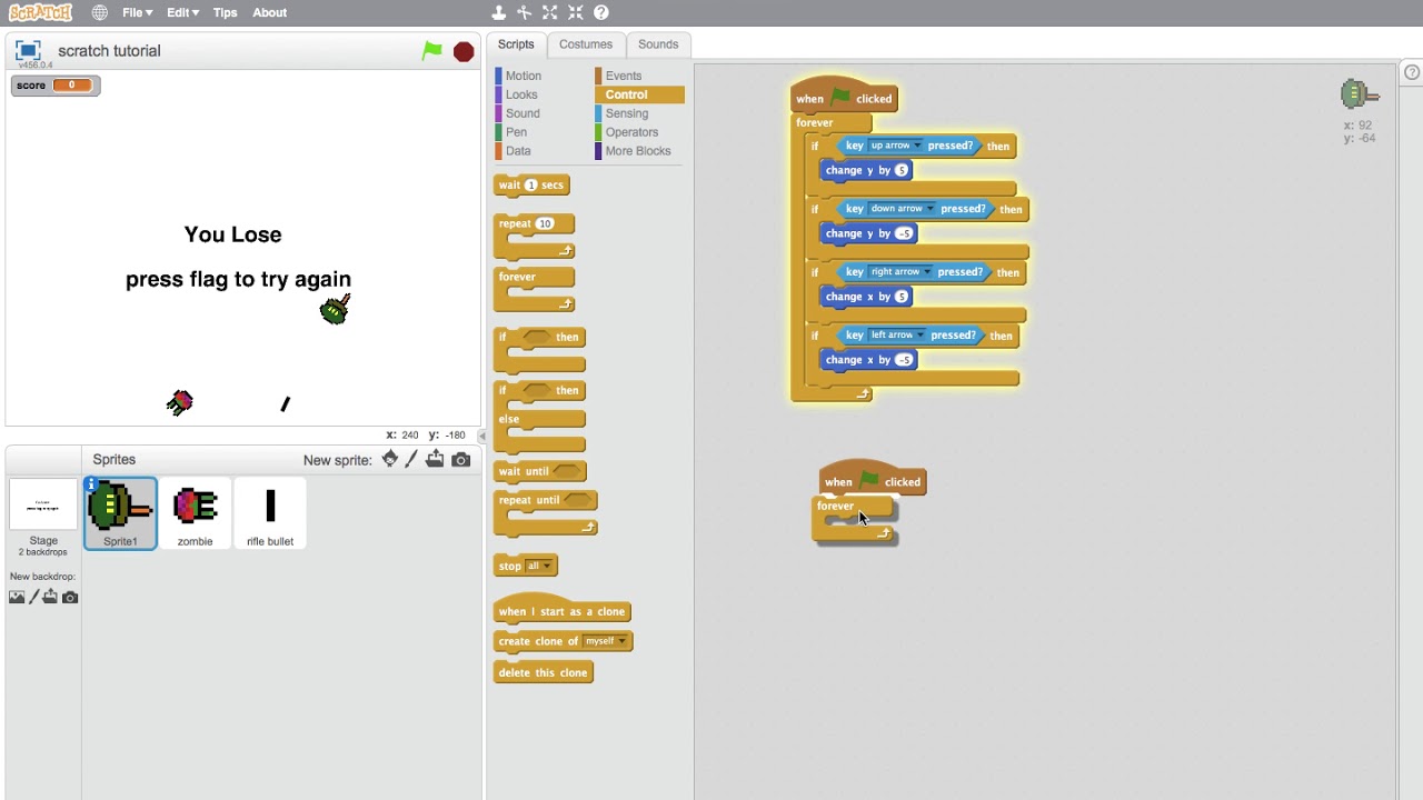 Scratch tutorials how to make a shooter game part 1