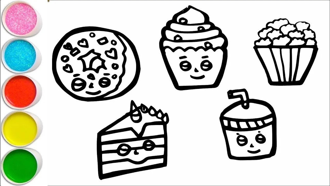 Food drawing snacks drawing ideas doughnut, cake, juice, popcorn