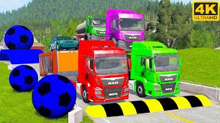 Double Flatbed Trailer Truck vs Speedbumps Train vs Cars | Tractor vs Train Beamng.Drive 060 [4k]