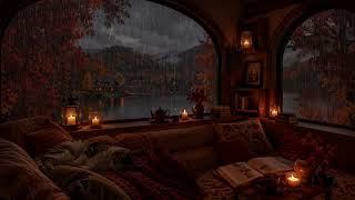 🍂 Cozy Autumn Reading Corner | Soft Rain on Window & Crackling Fire for Study, Sleep, Relax screenshot 5