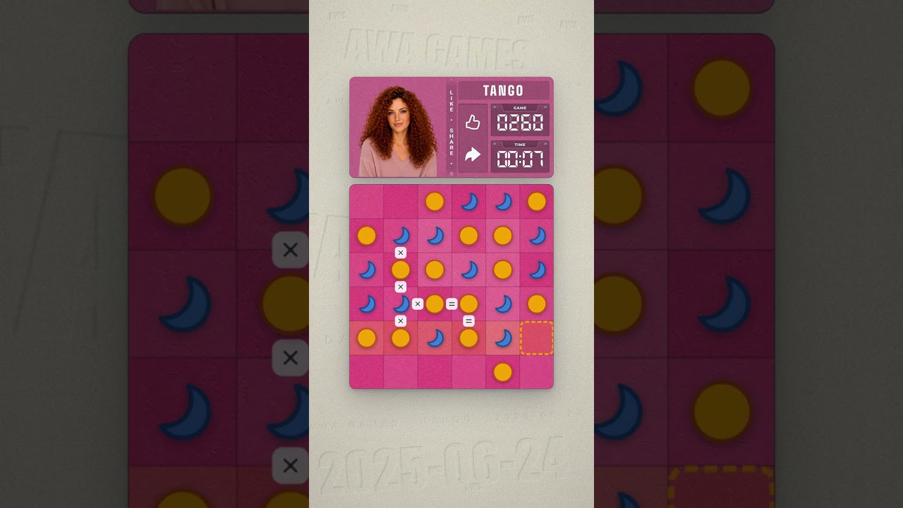 LinkedIn Tango #260 solved board for June 24, 2025, 6x6 grid