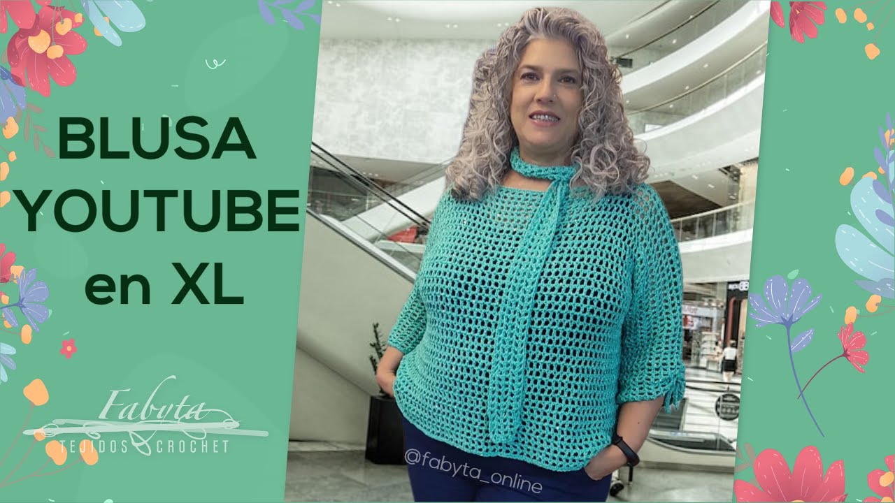 Blusa Youtube, una prenda calada y plus size, con un detalle en sus mangas 3/4 en crochet ganchillo